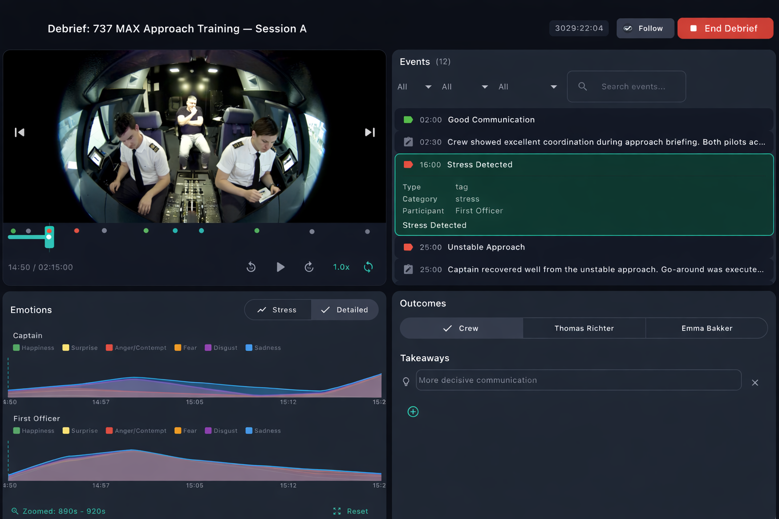 AeroMind debrief view highlighting moments from a completed session for instructor-led discussion.