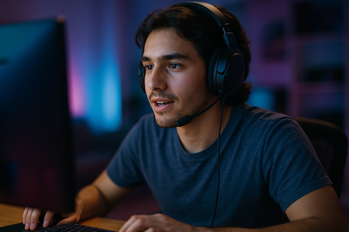 A player wearing a headset at a gaming PC