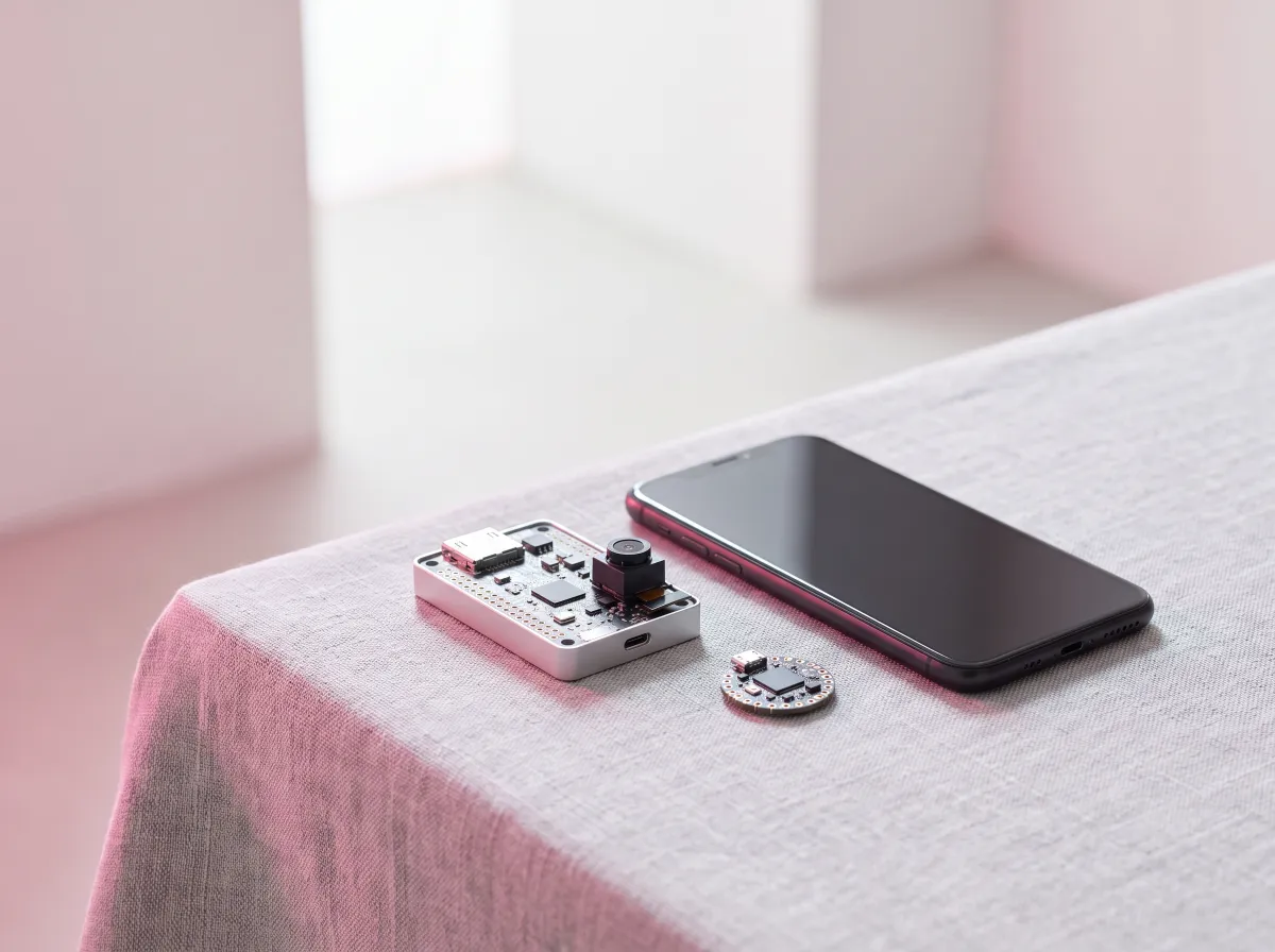 An embedded board with a camera module, a smartphone and a small microcontroller on a linen tablecloth.
