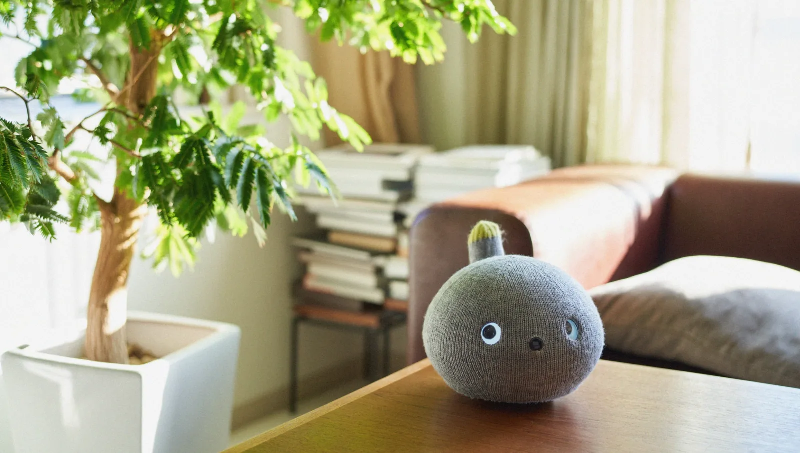 Panasonic's NICOBO companion robot resting on a table in a bright living room.